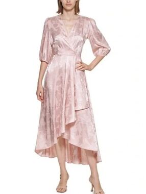 Calvin Klein Blush Pink Floral Jacquard Faux Wrap Midi Dress Size 6